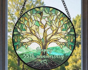 Custom 55th Anniversary Gift, Tree of Life Stained Glass Suncatcher, Emerald Anniversary Decor, Personalized Gift, Tree Window Hanging