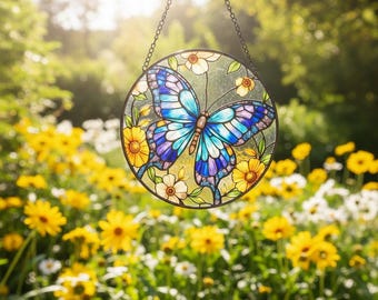 Butterfly Stained Glass Suncatcher, Floral Window Hanging, Colorful Garden Decor, Gift for Mom, Spring Summer Home Decoration SunCatcher Art
