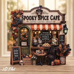 May include: A miniature Spooky Spice Cafe display featuring a skull wearing a hat, autumn foliage, and signs reading Spooky Spice Cafe, Potions & Lattes, and Spooky Brews Today. The scene includes a pumpkin crate, a table with a mug, and a witch's brewery.