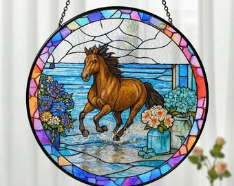 Wild Horse Stained Glass Suncatcher, Running Horse Window Hanging, Beach Ocean Nature Art, Equestrian Gift, Coastal Home Wall Decor
