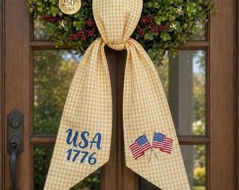 America Flag Patriotic Embroidered Wreath Sash, USA Flag Bow Gingham Wreath Sash Decor, 1776-2026 USA Decor, 4th of July Americana Home Gift