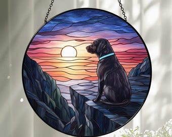 Custom Black Labrador Stained Glass Suncatcher, Personalized Dog Memorial Gift, Black Lab Sunset Window Art, Loyal Pet Loss Sympathy Decor