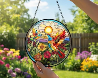 Hummingbird Stained Glass Suncatcher, Sunset Flower Garden Window Hanging, Bird Lover Gift, Mosaic Glass Art, Home Decor, Mother's Day Gift