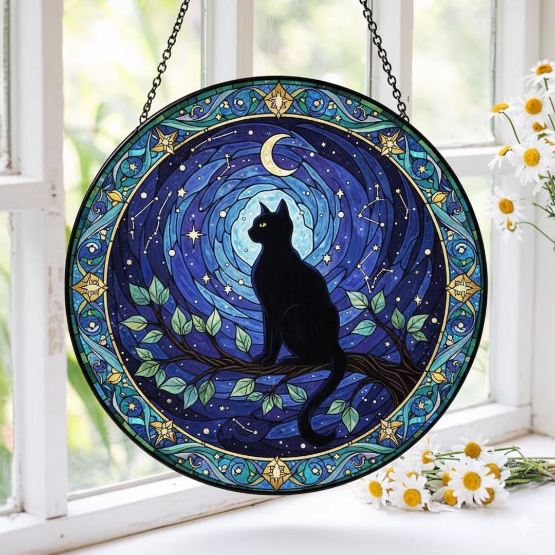 Black Cat Stained Glass Suncatcher, Celestial Moon and Stars Window ...