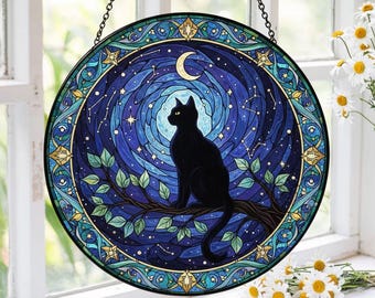Black Cat Stained Glass Suncatcher, Celestial Moon and Stars Window Hanging Art, Mystic Night Sky Decor, Unique Gift for Cat Lovers & Moms