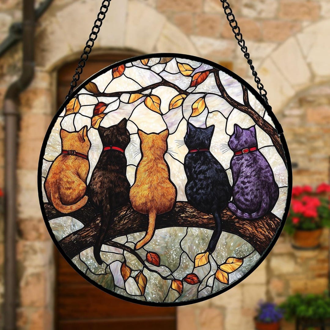 Stained Glass Cat Suncatcher, Five Cats on Tree Branch, Window Hanging ...