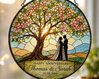 Personalized Anniversary Stained Glass Suncatcher with Name Date, Wedding Anniversary Gift for Couple Bride Groom, Gift for Parents Nana Mom