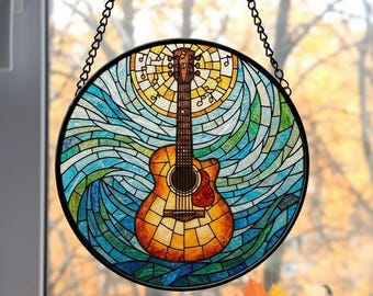 Acoustic Guitar Stained Glass Suncatcher, Mosaic Music Room Wall Art, Musician Gift Idea, Guitarist Window Hanging Ornament, Home Decor