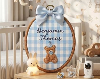Personalized Teddy Bear Baby Name Embroidered Hoop, Baby Name Reveal Sign Heirloom, Baby Name Wall Decor, Newborn Keepsake, Baby Shower Gift