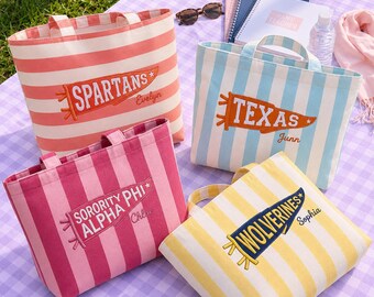 Personalized College Pennant Flag Striped Bag with Name, Custom University Team Bag, School Spirit Canvas Tote, Graduation Gift for Student