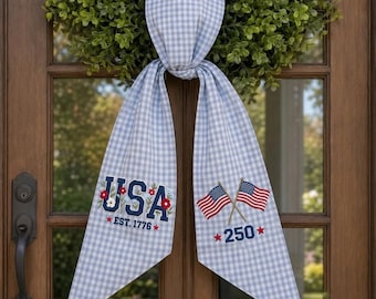 America 250th Anniversary Embroidered Wreath Sash, 1776 2026 Patriotic America Flag Door Decor, 4th of July Hanger,USA Independence Day Gift