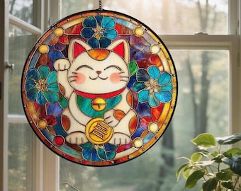 Maneki Neko Suncatcher, Lucky Cat Window Hanging, Japanese Art Decoration, Unique Good Luck Charm Gift, Glass Cat Home Decor