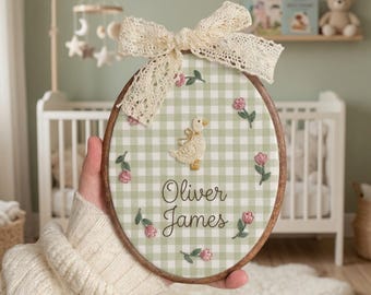 Baby Name Sign Embroidered with Storybook Goose and Florals, Newborn Birth Announcement Hoop, Oval Nursery Wall Hanging, Gift for New Mom