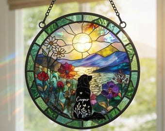 Personalized Dog Memorial Stained Glass Suncatcher, Custom Labrador Golden Sunset Floral Suncatcher, Pet Loss Sympathy Gift Dog Mom Dad Gift