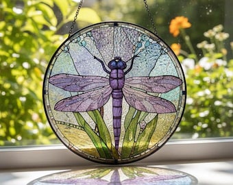 Dragonfly Stained Glass Suncatcher, Colorful Window Hanging Art, Handmade Glass Panel Home Decor, Nature Lover Gift, Garden Decoration