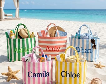 Custom Name Embroidered Striped Beach Tote, Personalized Aesthetic Canvas Bag Bridesmaid Gift Travel Summer Handbag Bachelorette Party Favor