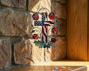Patriotic Cross Acrylic Suncatcher, 4th of July American Flag Window Decor, Memorial Veterans Day Christian Gift