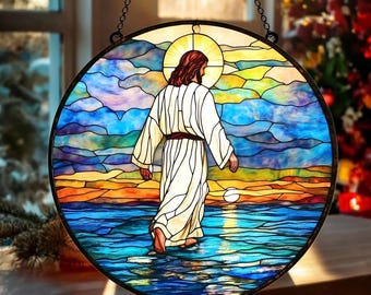Jesus Walking on Water Stained Glass Suncatcher, Christian Window Hanging Decor, Religious Sun Catcher Art, Catholic Gift, Christ Sea Decor