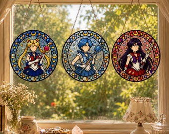Moon Princess Inspired Stained Glass Suncatcher – Magical Anime Style Window Hanging Decor – Celestial Moon & Stars Sun Catcher Gift for Her