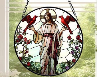 Jesus with Red Cardinals Stained Glass Suncatcher, Memorial Gift, Christian Window Hanging Art, Religious Decor, Christ & Birds Sun Catcher