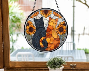Black and Ginger Cat Stained Glass Suncatcher, Sunflower Window Hanging Art, Cat Lover Gift, Mosaic Pet Decor, Home Warming Gift, Cat Art