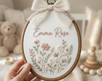 Personalized Floral Baby Name Embroidered Sign, Custom Baby Nursery Name Hoop, Floral Baby Shower Wall Art, Newborn Name Announcement Gift