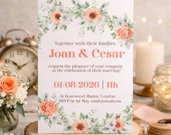 Plantilla personalizada de invitación de boda floral roja, invitación de boda minimalista y elegante, descarga digital personalizada 2026