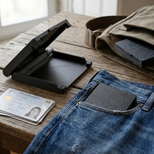 May include: A black, rectangular wallet with a textured surface, open and closed, next to a pair of blue jeans with a wallet in the pocket. A canvas bag and a stack of identification cards are also present.