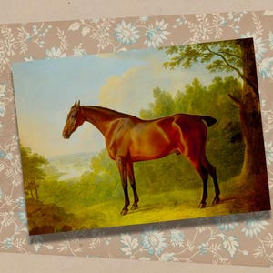 May include: A rectangular print featuring a painting of a brown horse standing in a grassy landscape with trees and a distant horizon. The print is layered over a light brown background decorated with a repeating white and blue floral pattern.
