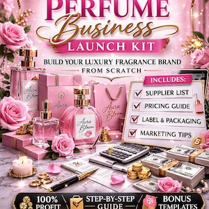 以下が含まれることがあります： 「Aura Bloom Scents」のテキストが入ったピンクとゴールドの香水ビジネスのローンチキット。画像には香水瓶、ピンクのパッケージ、電卓、お金、マーケティングのヒントが記載されたチェックリストが含まれています。
