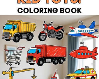 Kid Toys Coloring Book – 24 Toy Cars Trucks Planes Printable PDF – Instant Download