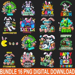 Może przedstawiać: Zestaw 16 cyfrowych projektów PNG z grafiką o tematyce wielkanocnej. Projekty przedstawiają pikselowe króliki, kontrolery do gier i pisanki, z tekstami takimi jak "Happy Easter" i "Bruh". Projekty są w różnych kolorach.