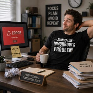 May include: A black t-shirt with the white text "SOUNDS LIKE TOMORROW'S PROBLEM" worn by a person sitting at a desk. The desk features a computer monitor displaying an error message, a yellow sticky note reading "I'LL FIX IT TOMORROW," and a sign stating "PROFESSIONAL TOMORROW FIXER."