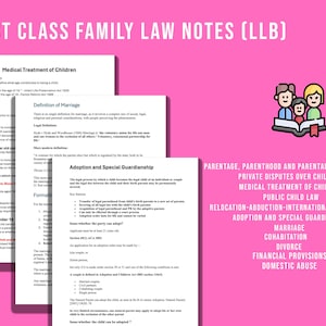 May include: A pink background with the text "FIRST CLASS FAMILY LAW NOTES (LLB)". The image includes documents with legal text about family law, and a list of related topics. There is also a cartoon of a family reading a book.