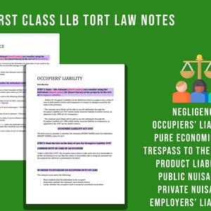 May include: A green background features the text "FIRST CLASS LLB TORT LAW NOTES" and a list of legal topics. Two pages of notes on negligence and occupiers' liability are shown. A graphic of scales and figures is also present.