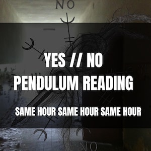 Könnte beinhalten: Eine schwarz-weiße grafische Illustration mit einem zentralen Knoten-Seil-Design, überlagert mit dem Text YES // NO PENDULUM READING und SAME HOUR SAME HOUR SAME HOUR. Der Hintergrund enthält schwache Richtungssymbole und das Wort NO.
