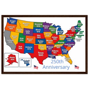 May include: A framed map of the United States featuring multicolored states with distorted names and dates, including Alaska and Hawaii in separate boxes. The text 250th Anniversary is printed in blue at the bottom, flanked by two small American flag icons.