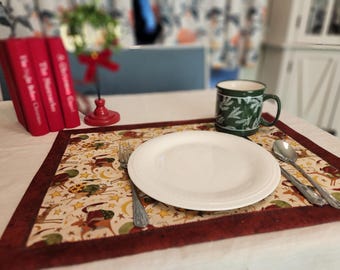 Vintage Santa & Sleigh Christmas Placemats  Set of 2- One-of -a Kind-Reversible
