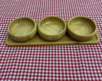 Juego de cuencos de bambú con 3 compartimentos para aperitivos: bandeja de madera natural para frutos secos, semillas y aperitivos.