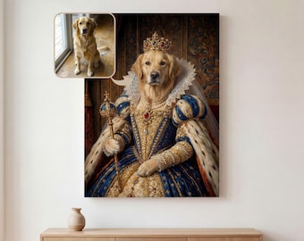 Custom King & Queen Pet Portrait Canvas, Vertical Royal Renaissance Dog or Cat Portrait, Personalized Noble Wall Art