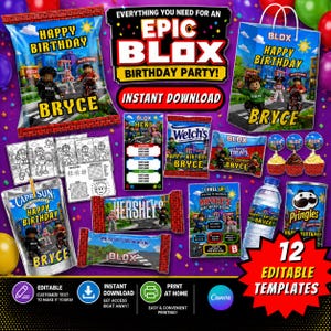 Può includere: Una collezione digitale di modelli modificabili per feste di compleanno a tema Blox, inclusi sacchetti di patatine, un sacchetto regalo, un menu, un'etichetta per bottiglia d'acqua, un'etichetta per barattolo Pringles, incarti per barrette di cioccolato e fogli di attività con il nome Bryce.