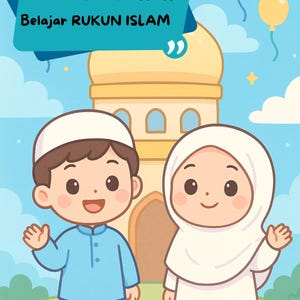 以下が含まれることがあります： 伝統的なイスラム衣装を着た2人の漫画の子供たちがモスクの前に立っているイラスト。インドネシア語のテキスト「AKU SAYANG ALLAH Belajar RUKUN ISLAM」と「untuk Anak Usia 5 Tahun」が含まれています。背景には風船と星が描かれています。