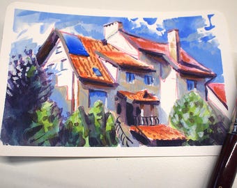 May include: Watercolor painting of a house with a red-tiled roof, blue windows, and a blue sky background. Green trees and bushes surround the house. A paintbrush is in the foreground.
