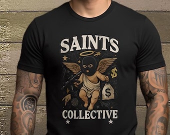 Camiseta “Saints Collective” | Ángel Urbano con Máscara | Estilo Callejero | Graphic Tee Unisex