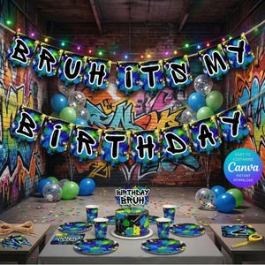 9th Birthday Banner for Boys, Bruh It's My Birthday Party, Neon Bday Card, Editable Canva Template, garland