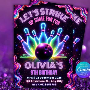 以下が含まれることがあります： ボーリングをテーマにした誕生日のための鮮やかな招待状。ネオンのピンとボールが星空の背景に描かれています。「LET'S STRIKE UP SOME FUN FOR OLIVIA'S 9TH BIRTHDAY」とイベントの詳細がテキストに含まれています。