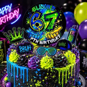 Adorno para pastel de cumpleaños Neon Six Seven para niño, invitación de cumpleaños Graffiti Neon 67, tenía 6 años, ahora tengo 7.