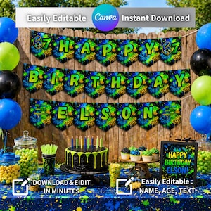 Peut inclure: Une scène d'anniversaire avec une bannière indiquant "Happy Birthday Elson!" et "67". La table est décorée d'un gâteau noir avec un glaçage vert, de petits gâteaux, des ballons et des bocaux de bonbons. Le texte "Easily Editable Canva Instant Download" est également visible.