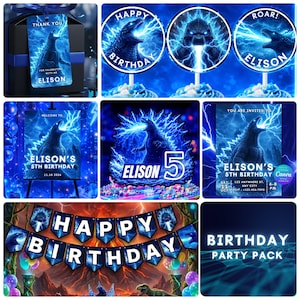 Giant Monster Birthday Party Decoration Set 5th Birthday Boy, Blue Lightning Kaiju Party Invite, banner, cupcake toppers, thank you tag