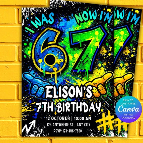Neon Six Seven Birthday Invitation for Boy, Graffiti Neon 67 Birthday Invite,  I was 6 now I'm 7